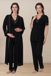 Piped V-Neck 3-Piece Maternity-Nursing Pajama & Robe Set Black - 5094