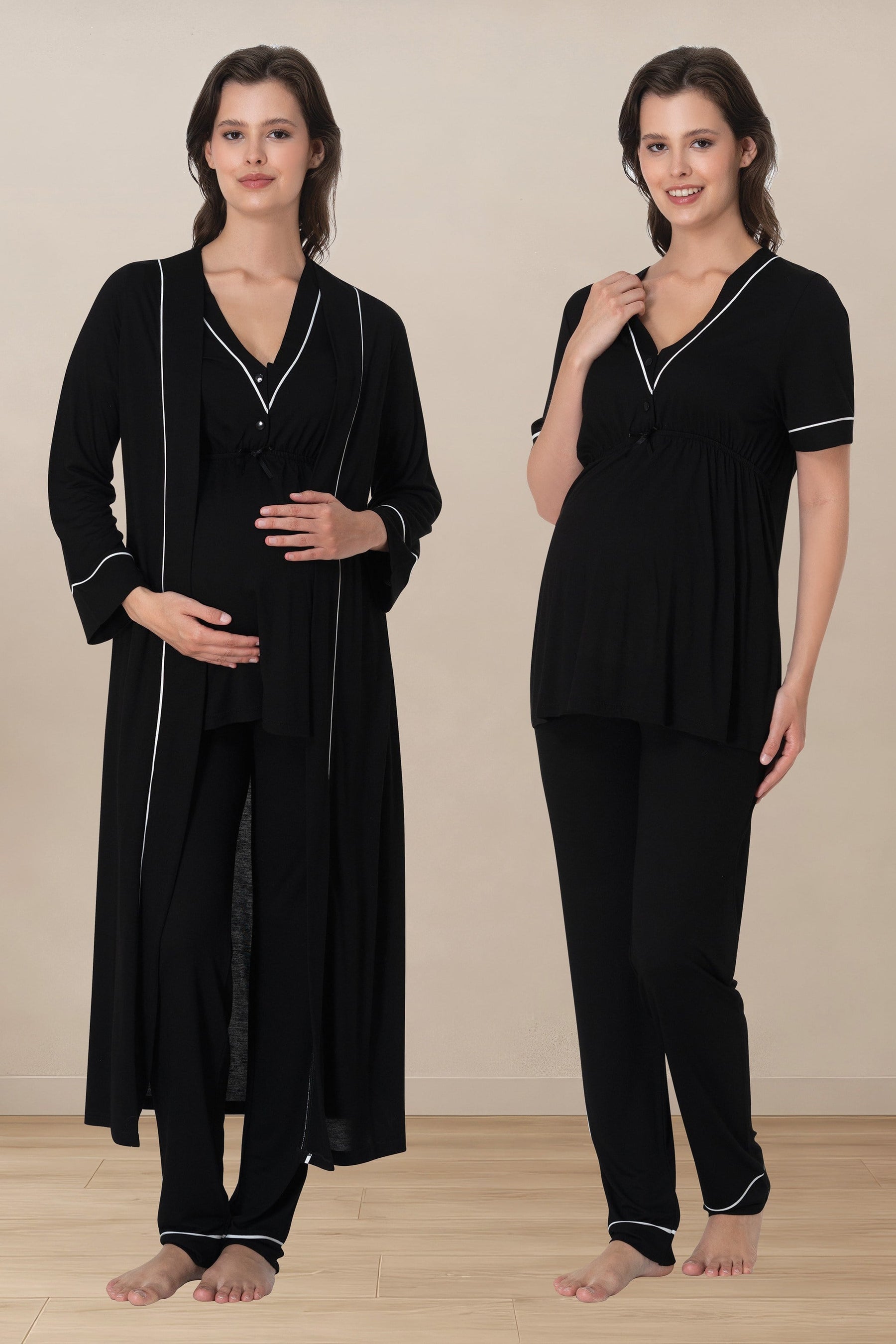 Piped V-Neck 3-Piece Maternity-Nursing Pajama & Robe Set Black - 5094