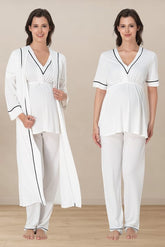 Piped V-Neck 3-Piece Maternity-Nursing Pajama & Robe Set Ecru - 5094