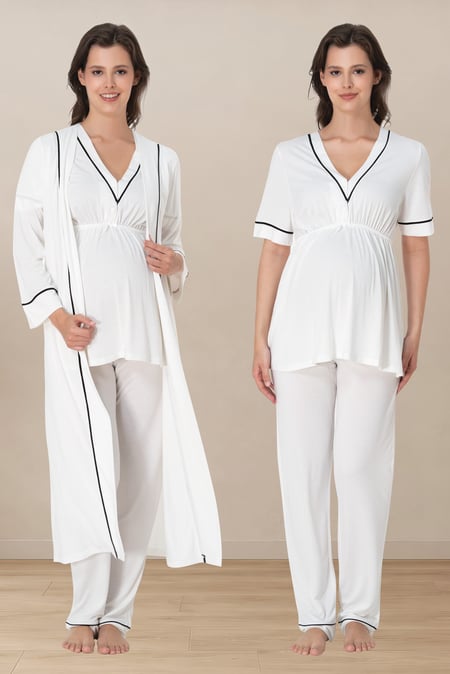 Piped V-Neck 3-Piece Maternity-Nursing Pajama & Robe Set Ecru - 5094