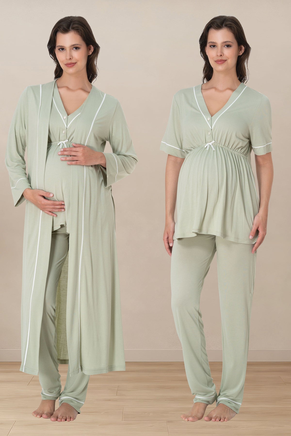 Piped V-Neck 3-Piece Maternity-Nursing Pajama & Robe Set Green - 5094