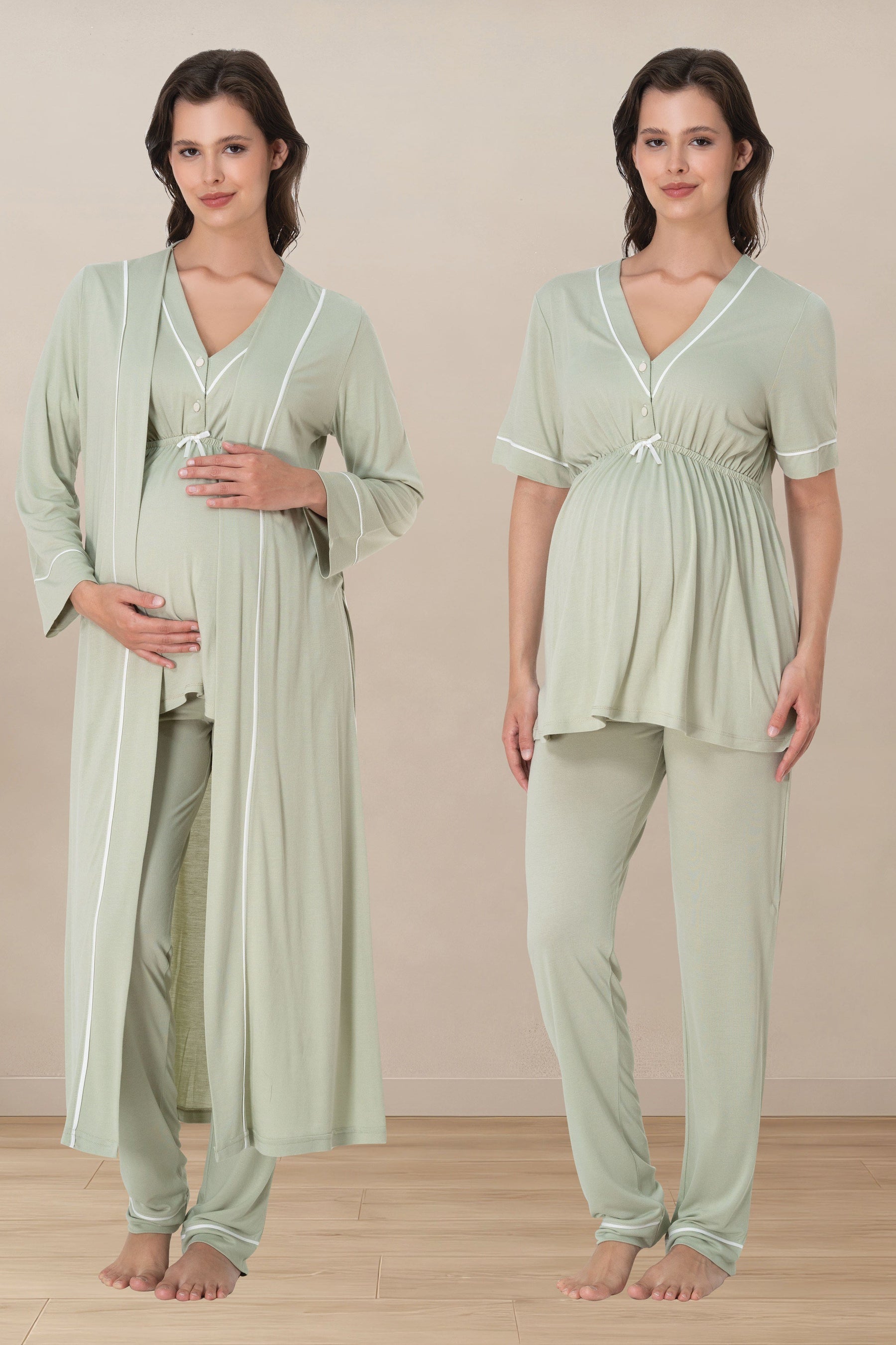 Piped V-Neck 3-Piece Maternity-Nursing Pajama & Robe Set Green - 5094