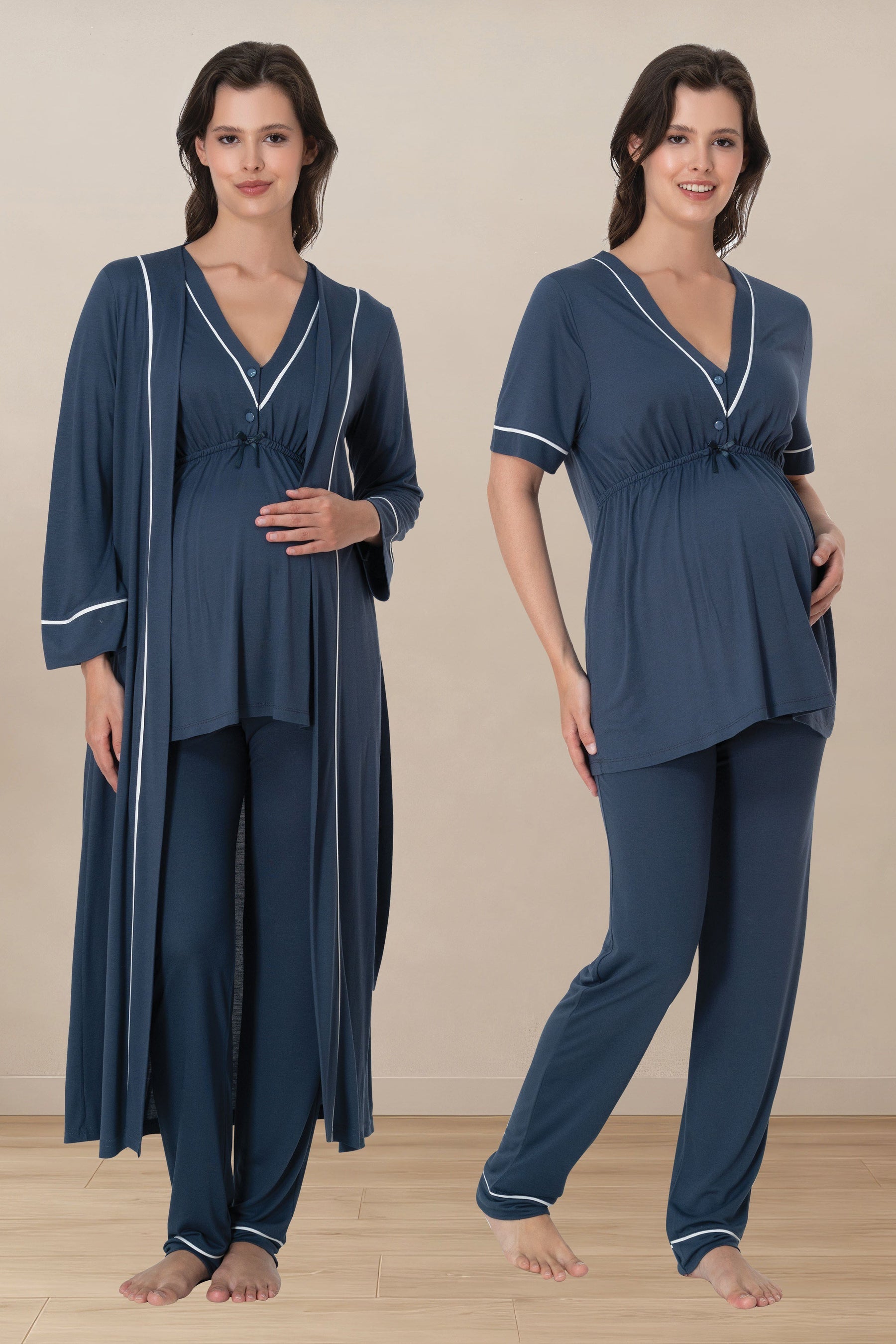 Piped V-Neck 3-Piece Maternity-Nursing Pajama & Robe Set Indigo - 5094