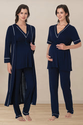 Piped V-Neck 3-Piece Maternity-Nursing Pajama & Robe Set Navy Blue - 5094