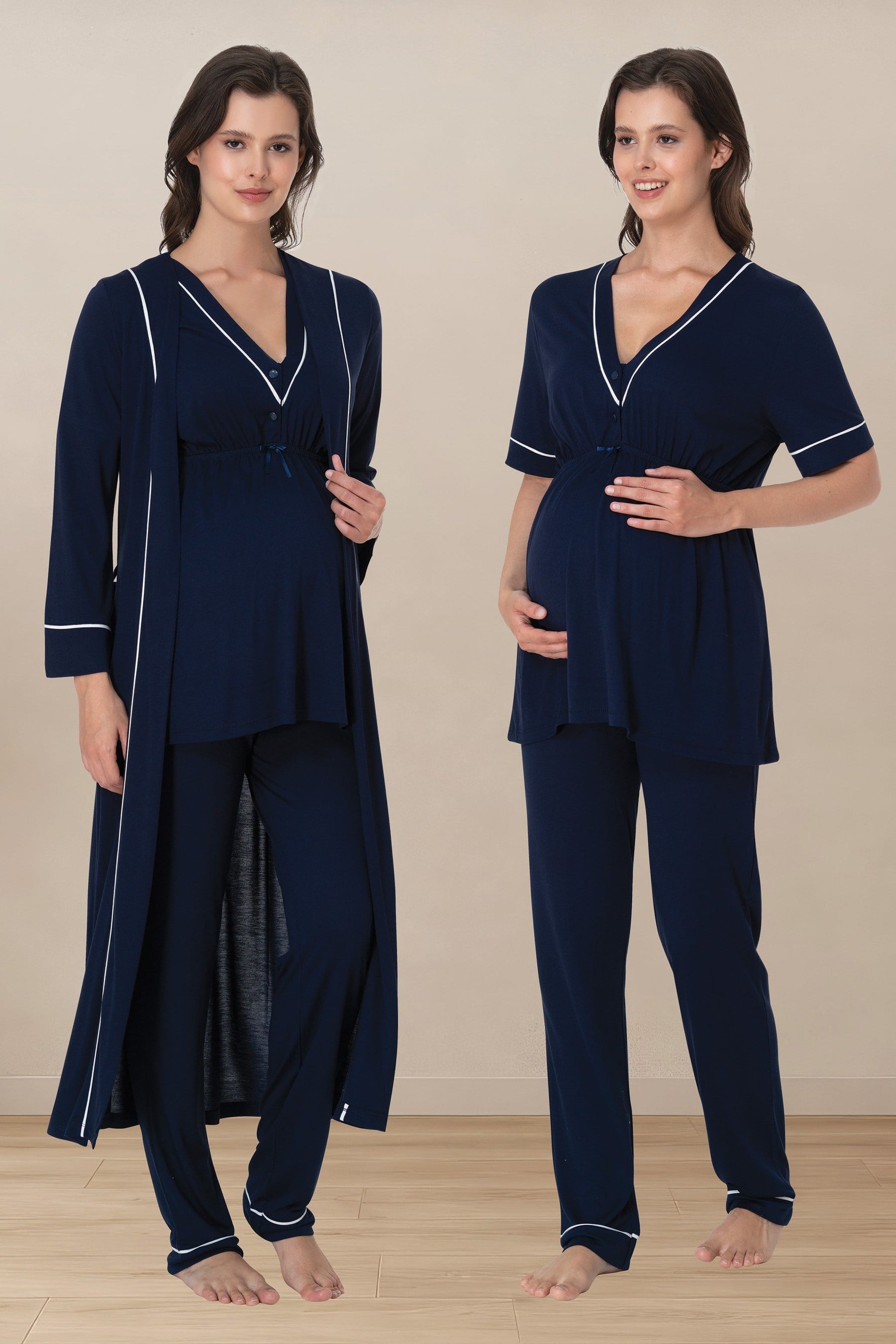 Piped V-Neck 3-Piece Maternity-Nursing Pajama & Robe Set Navy Blue - 5094