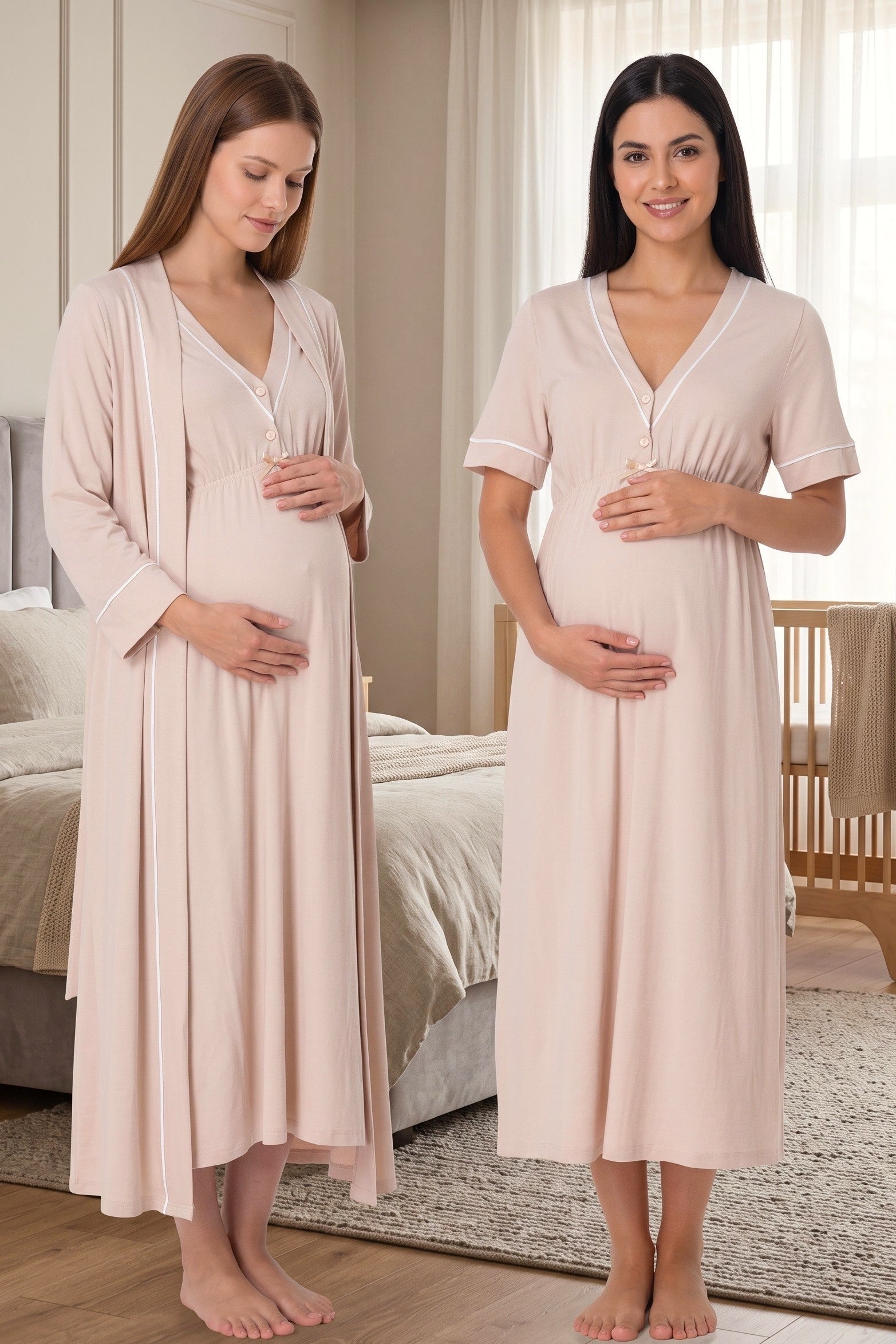 طقم ثوب نوم للحوامل والرضاعة برقبة على شكل حرف V بيج - 5095