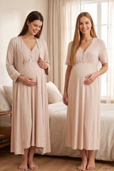 Piped V-Neck Maternity-Nursing Nightgown & Robe Set Beige - 5095