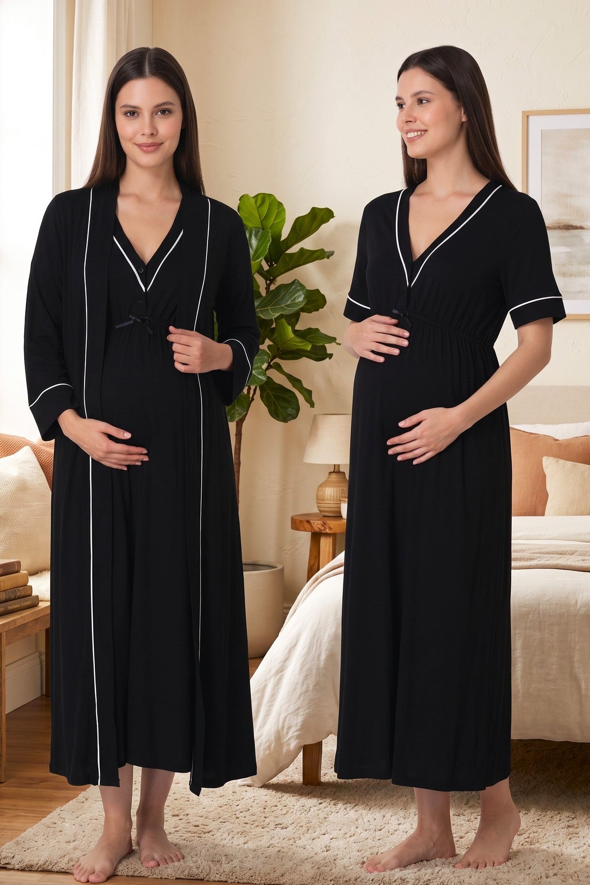 Piped V-Neck Maternity-Nursing Nightgown & Robe Set Black - 5095