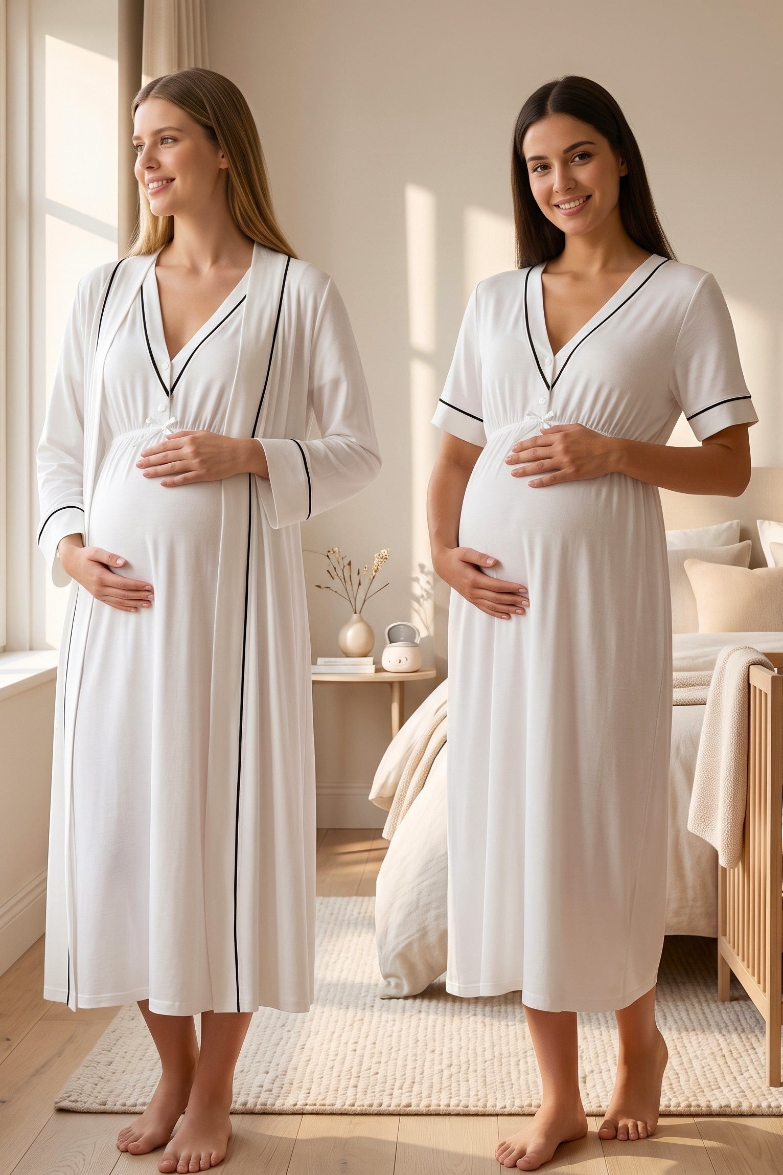 طقم ثوب نوم للحوامل والرضاعة برقبة على شكل حرف V، إكرو - 5095