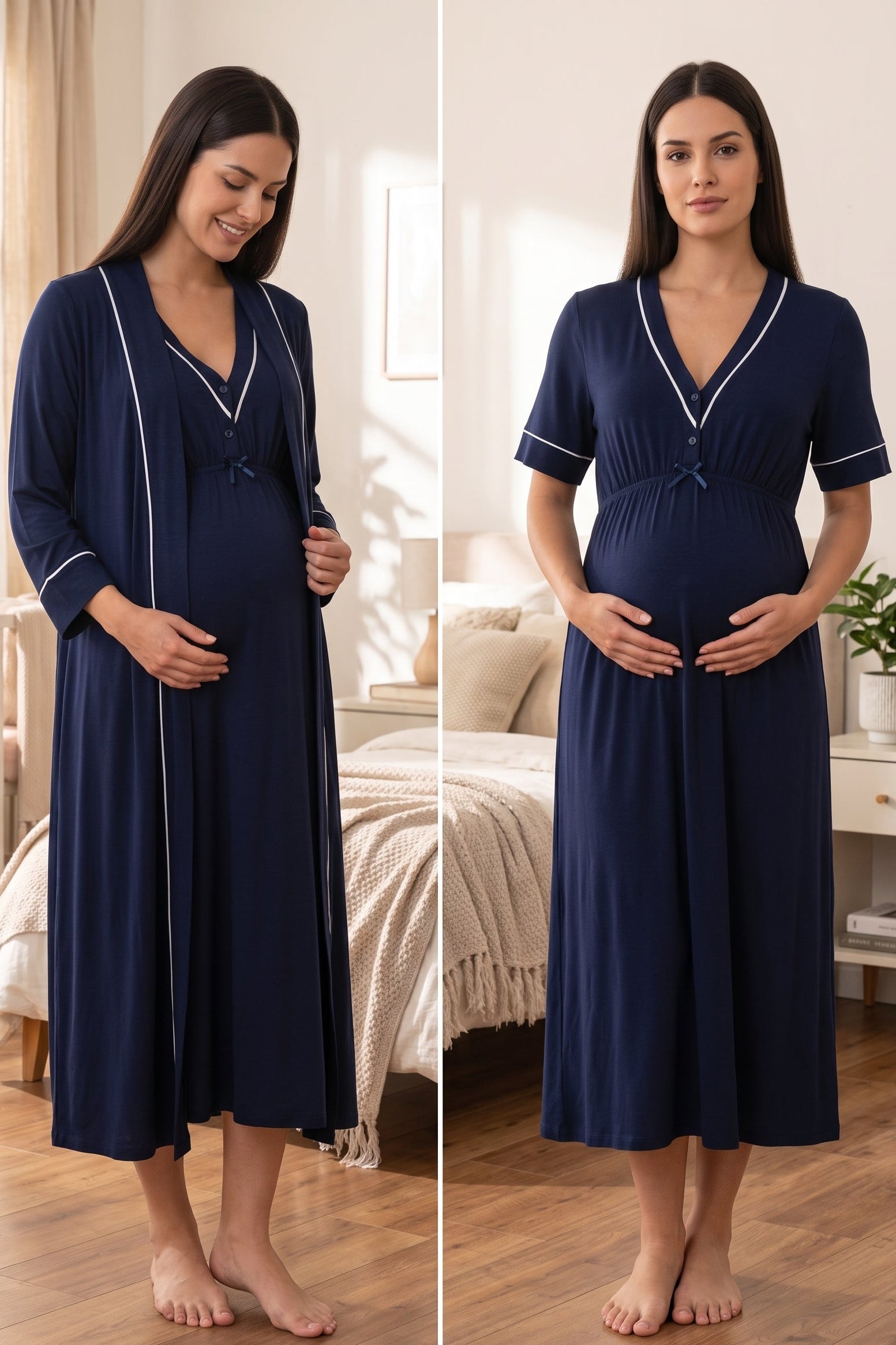 طقم ثوب نوم للحوامل والرضاعة برقبة على شكل حرف V أزرق داكن - 5095