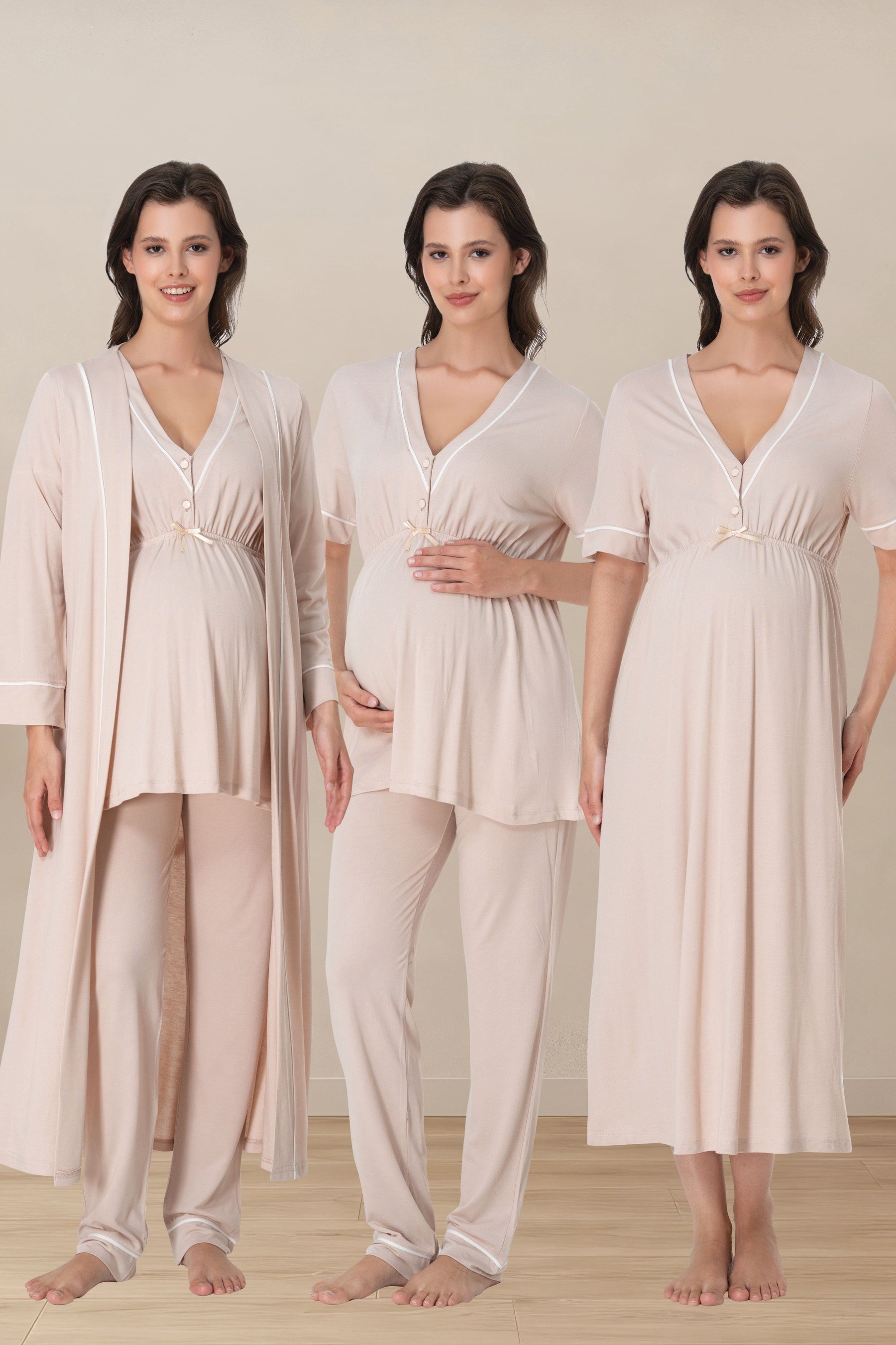 Piped V-Neck 4-Piece Maternity-Nursing Set Beige - 5096