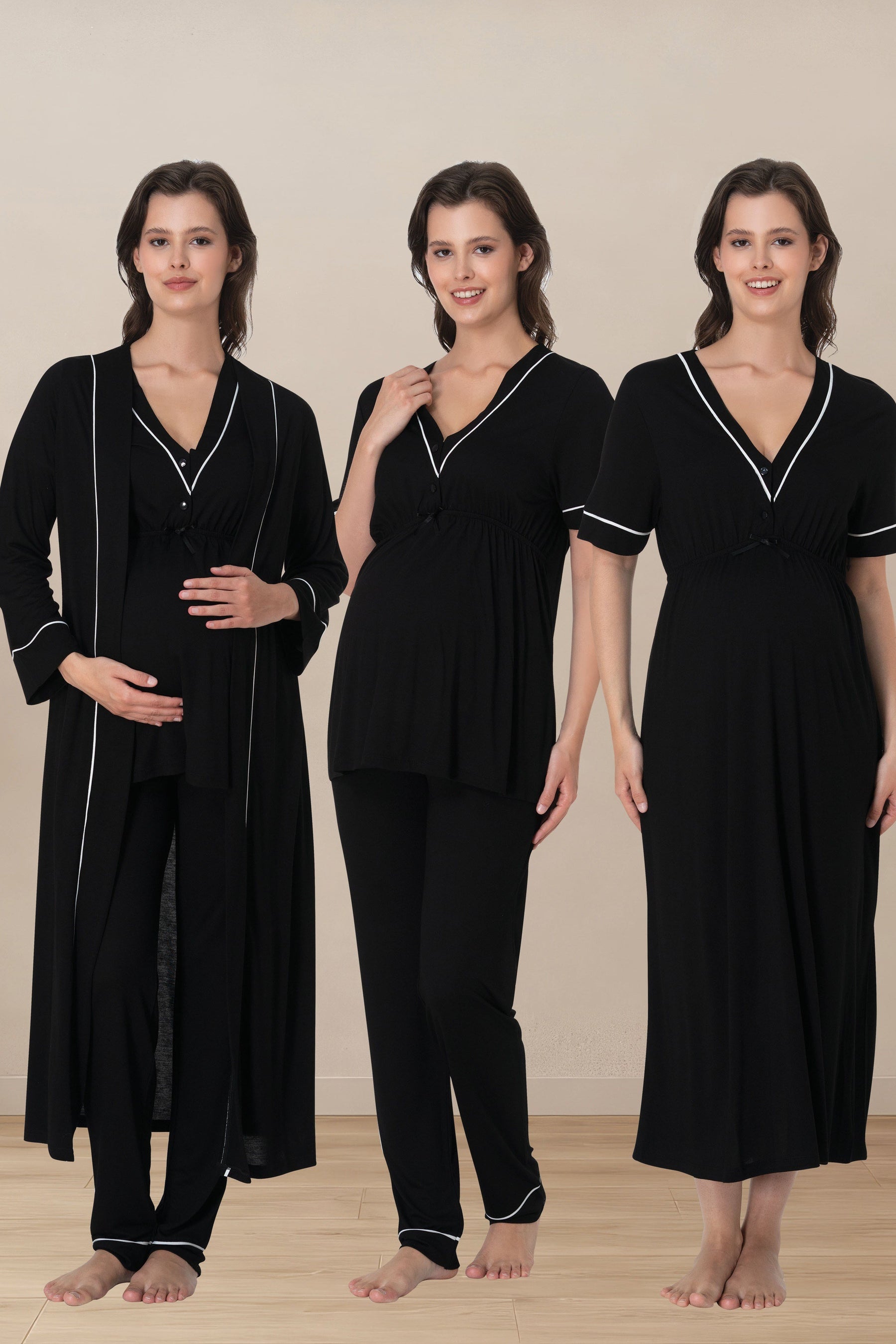 Piped V-Neck 4-Piece Maternity-Nursing Set Black - 5096