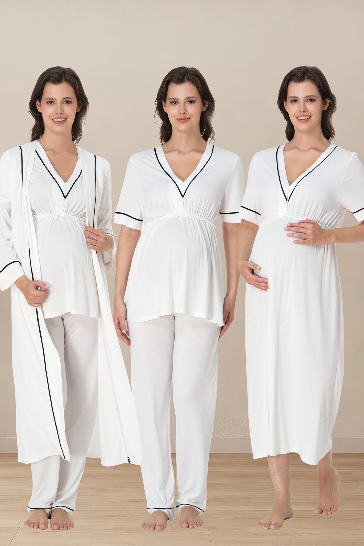 Piped V-Neck 4-Piece Maternity-Nursing Set Ecru - 5096
