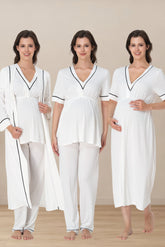 Piped V-Neck 4-Piece Maternity-Nursing Set Ecru - 5096