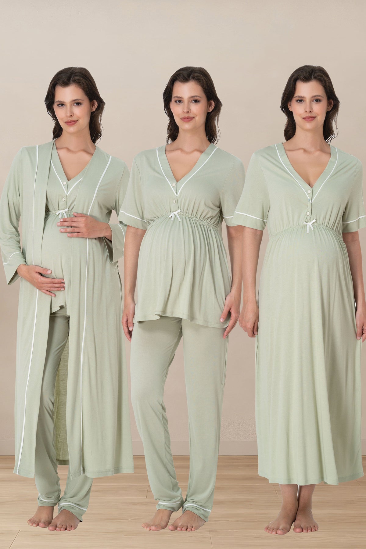 Piped V-Neck 4-Piece Maternity-Nursing Set Green - 5096