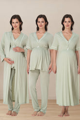 Piped V-Neck 4-Piece Maternity-Nursing Set Green - 5096
