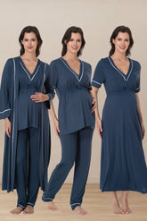 Piped V-Neck 4-Piece Maternity-Nursing Set Indigo - 5096