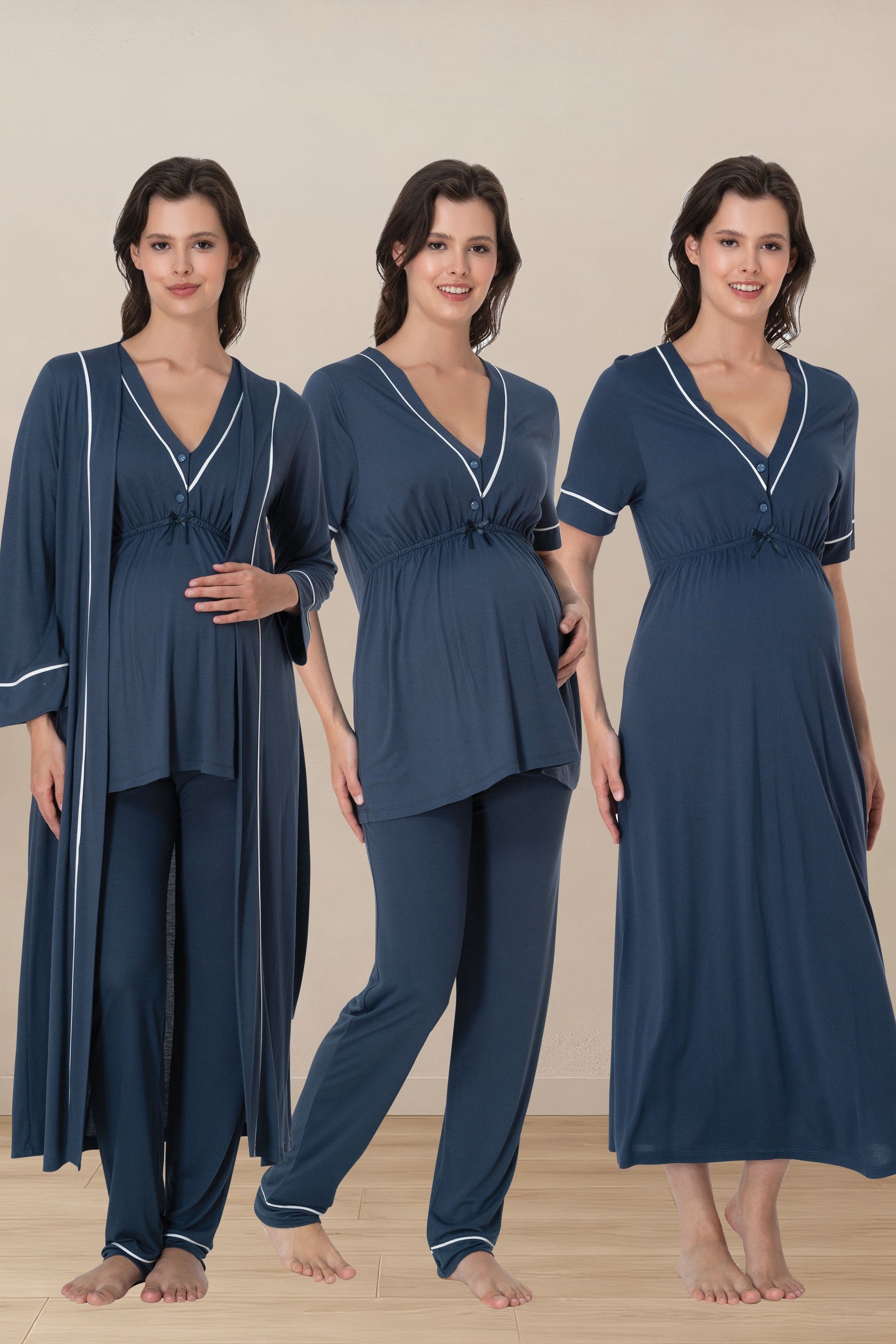 Piped V-Neck 4-Piece Maternity-Nursing Set Indigo - 5096