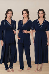 Piped V-Neck 4-Piece Maternity-Nursing Set Navy Blue - 5096