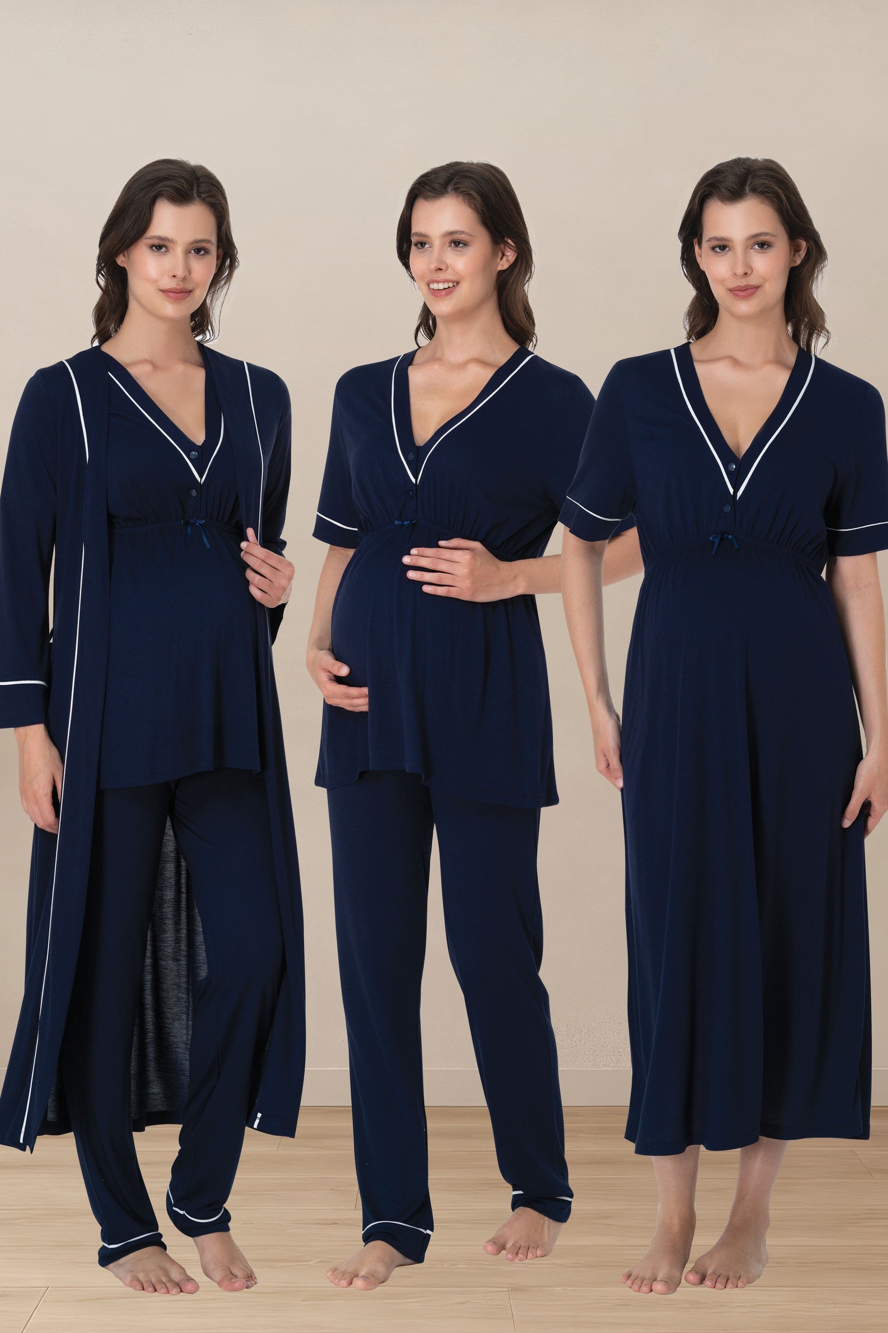 Piped V-Neck 4-Piece Maternity-Nursing Set Navy Blue - 5096
