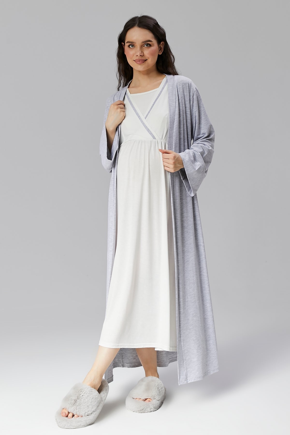 Bias Double Breasted Maternity-Nursing Nightgown & Robe Set Grey - 511