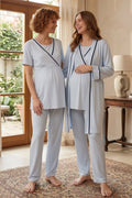 Striped Double Breasted 3-Piece Maternity Feeding-Friendly Pajama & Robe Set Blue - L515