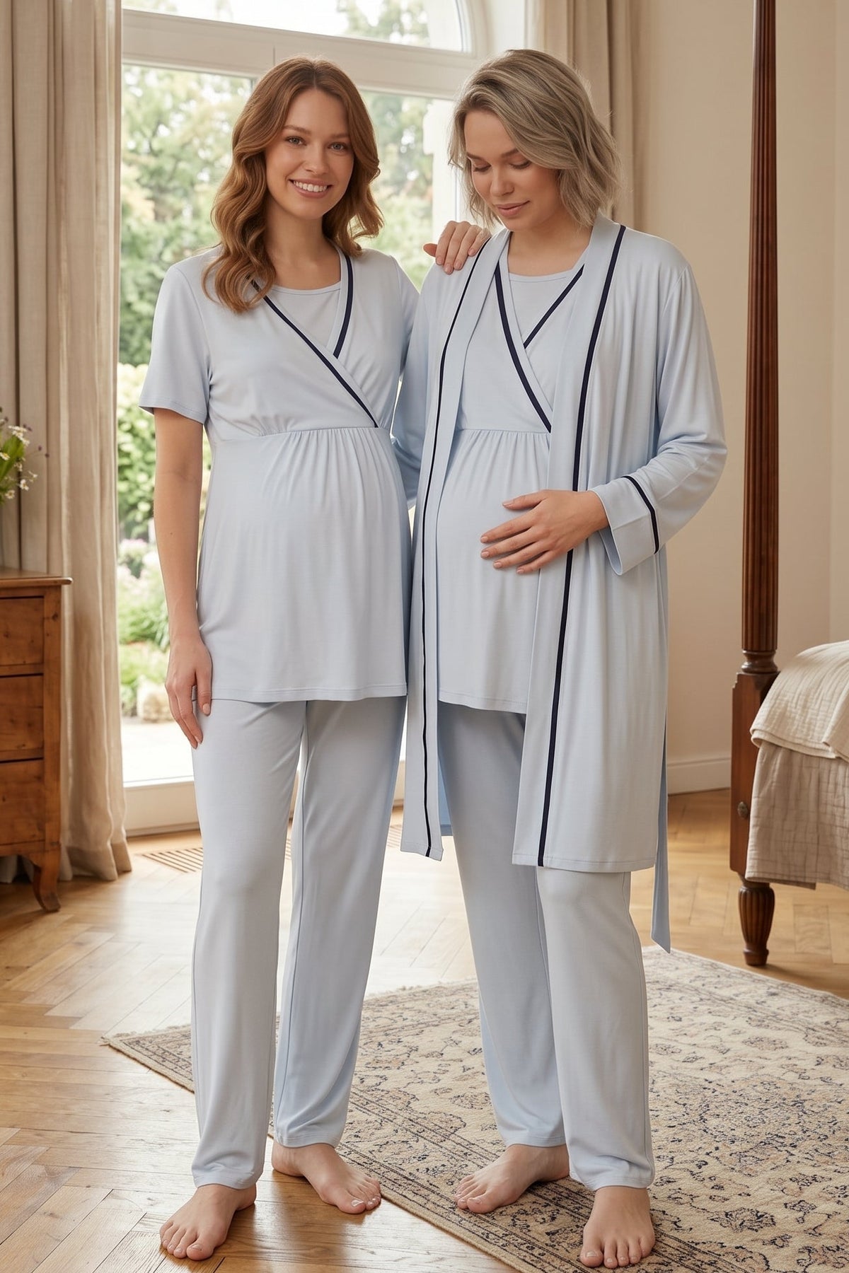 Striped Double Breasted 3-Piece Maternity Feeding-Friendly Pajama & Robe Set Blue - L515
