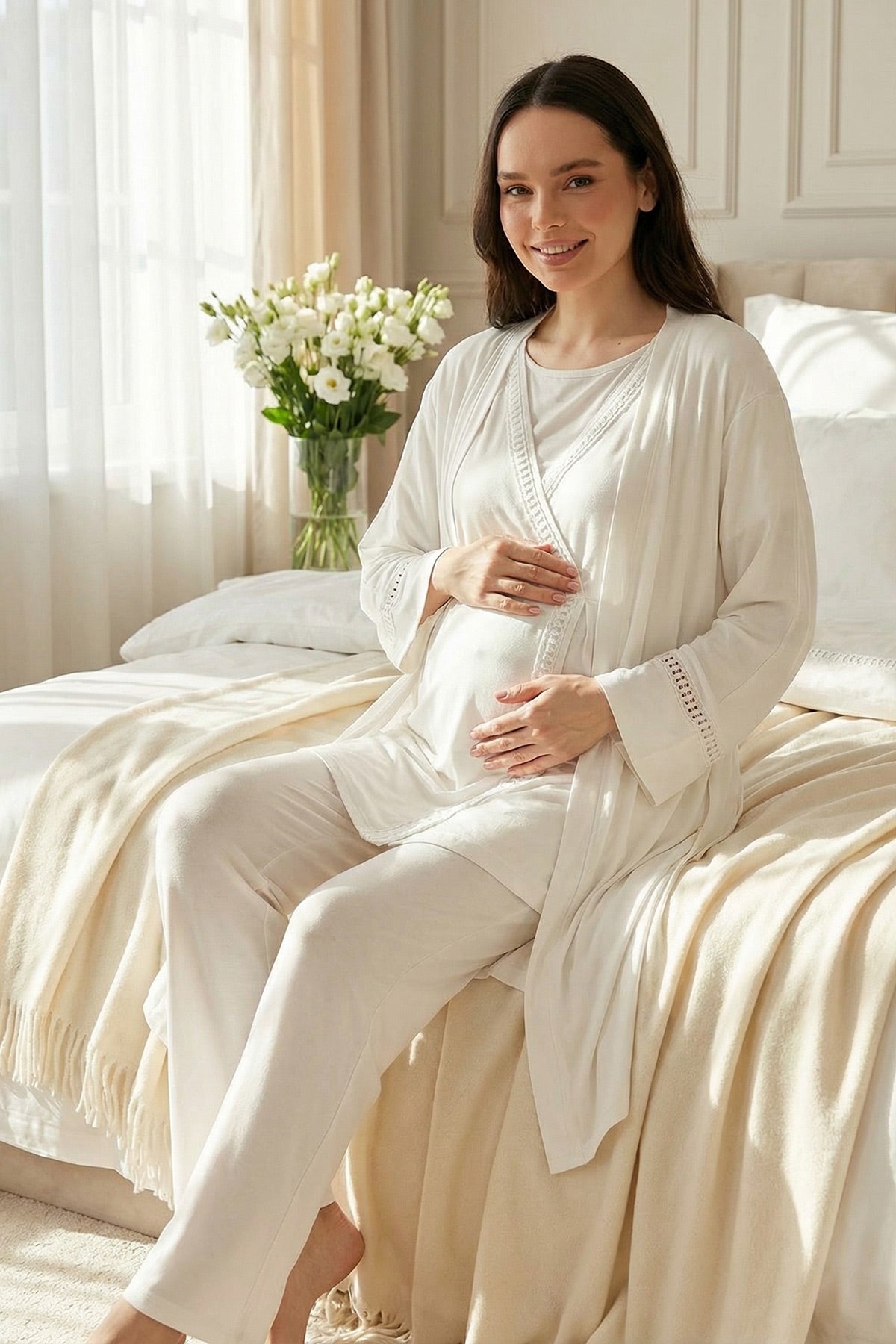 Lace Detailed 3-Piece Maternity-Nursing Pajama & Robe Set Ecru - 519