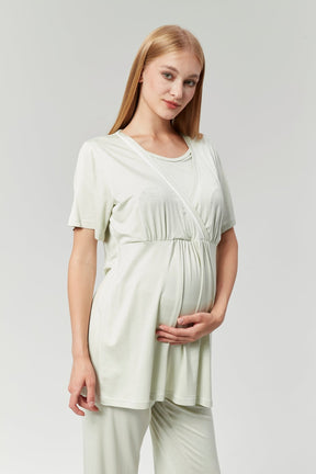 Striped Double Breasted 3-Piece Maternity-Nursing Pajama & Robe Set Mint - 529