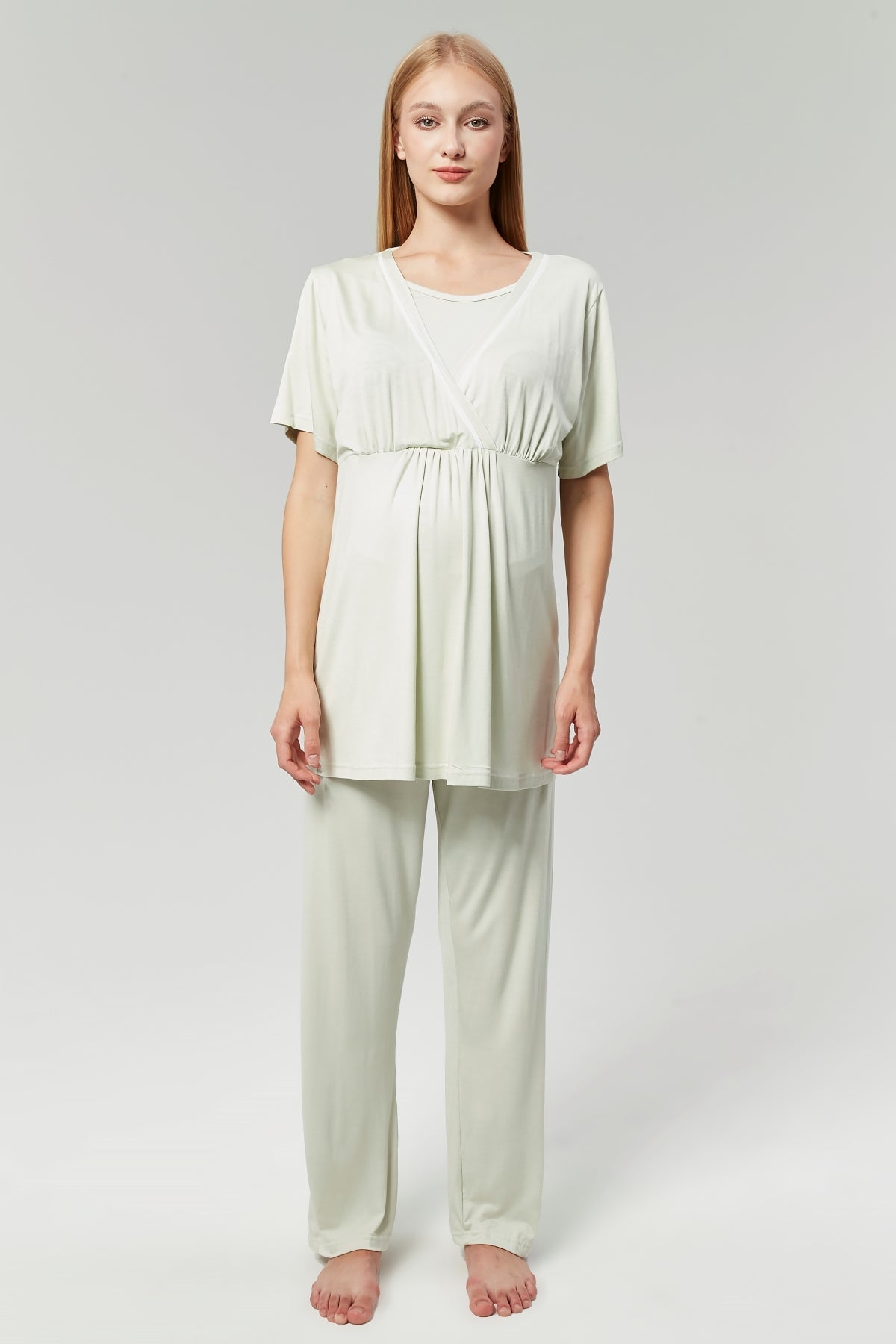 Striped Double Breasted 3-Piece Maternity-Nursing Pajama & Robe Set Mint - 529