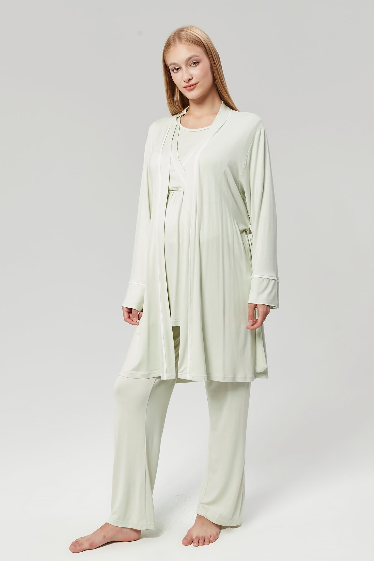 Striped Double Breasted 3-Piece Maternity-Nursing Pajama & Robe Set Mint - 529