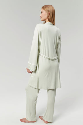 Striped Double Breasted 3-Piece Maternity-Nursing Pajama & Robe Set Mint - 529