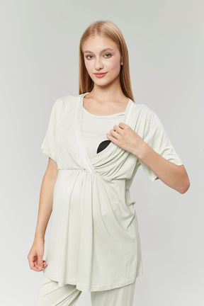 Striped Double Breasted 3-Piece Maternity-Nursing Pajama & Robe Set Mint - 529