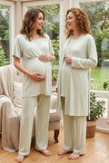 Striped Double Breasted 3-Piece Maternity Feeding-Friendly Pajama & Robe Set Mint - L529