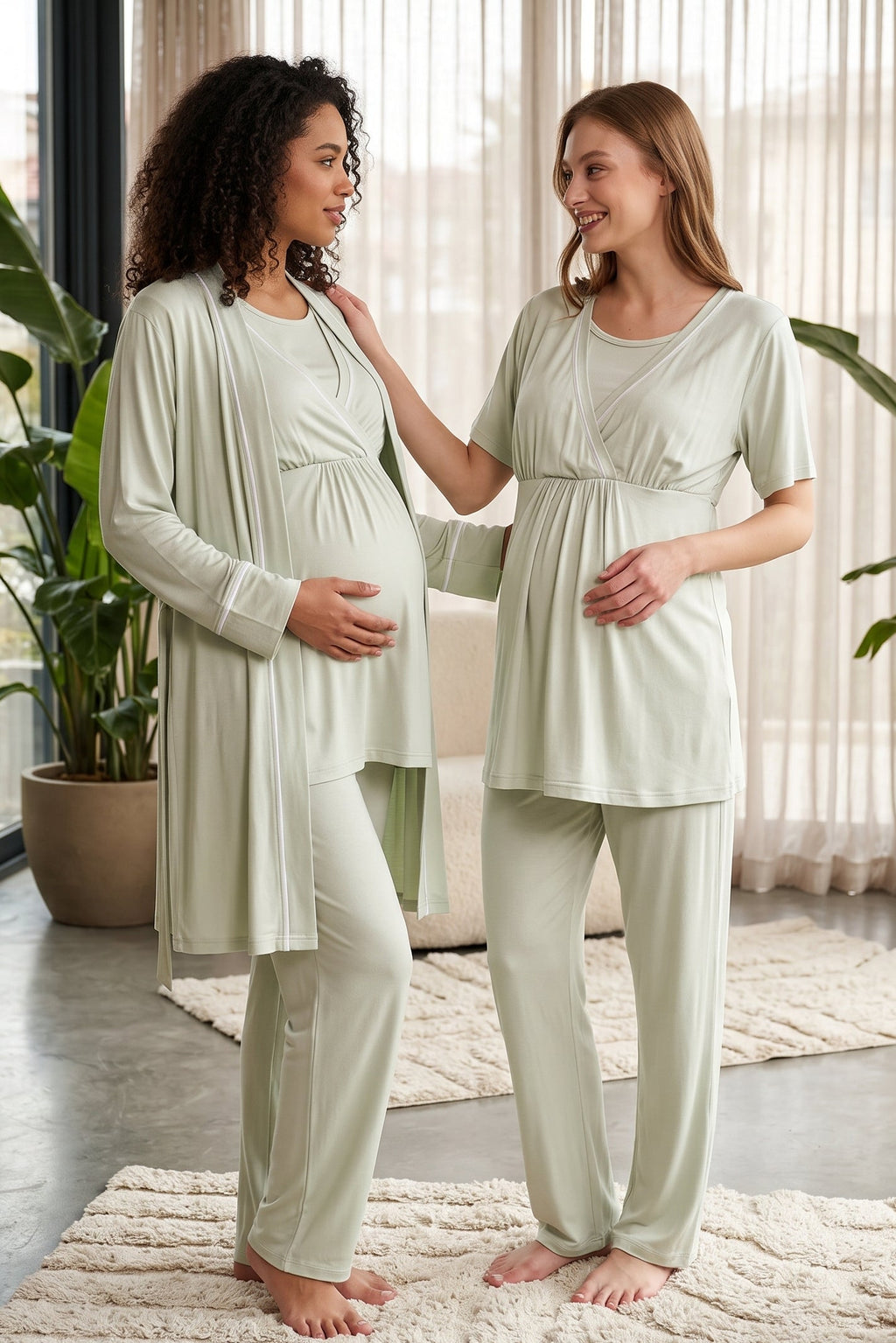 Striped Double Breasted 3-Piece Maternity Feeding-Friendly Pajama & Robe Set Mint - L529