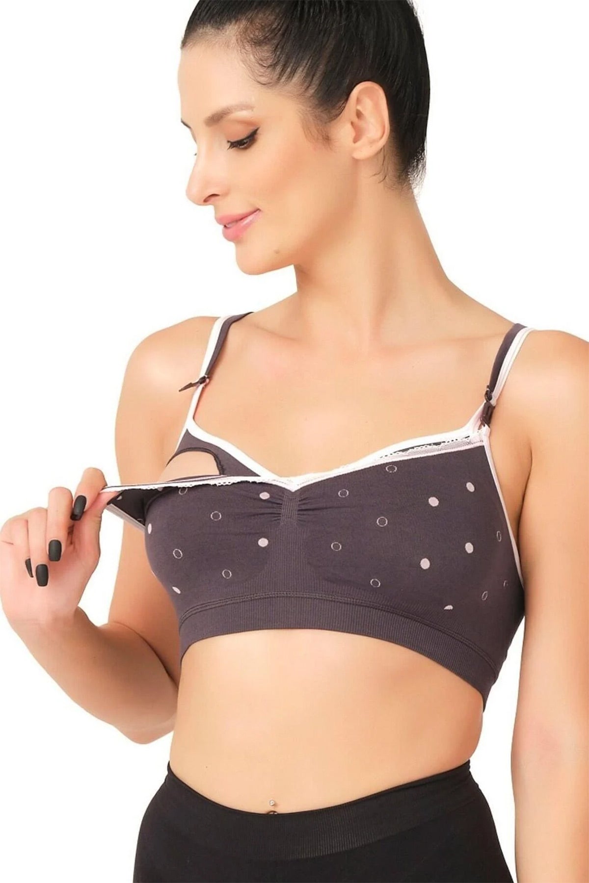 Lace Trim Polka Dot Seamless Nursing Bra Shaping Crop Style Anthracite - 5310