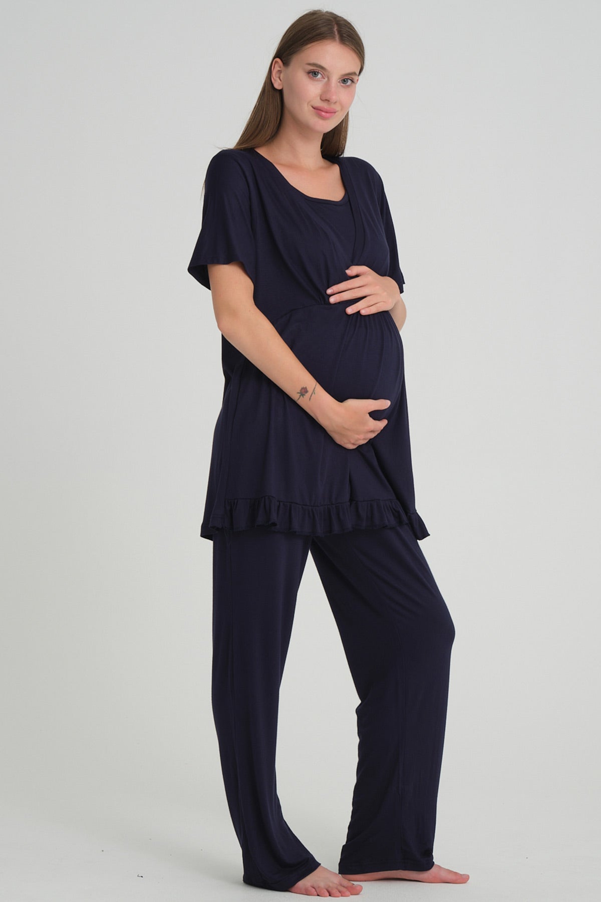 Double Breasted 3-Piece Maternity-Nursing Pajama & Flywheel Arm Robe Set Navy Blue - 532