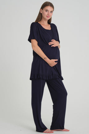 Double Breasted 3-Piece Maternity-Nursing Pajama & Flywheel Arm Robe Set Navy Blue - 532