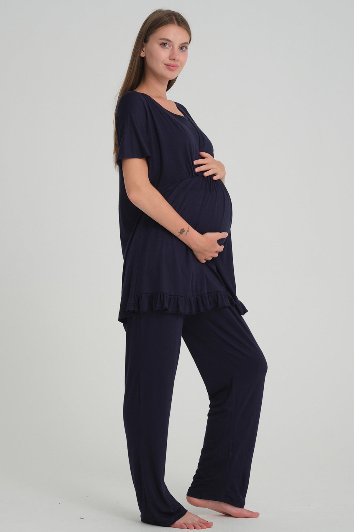 Double Breasted 3-Piece Maternity-Nursing Pajama & Flywheel Arm Robe Set Navy Blue - 532