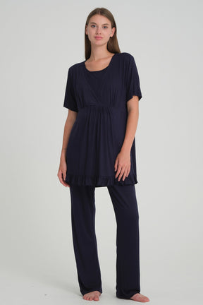 Double Breasted 3-Piece Maternity-Nursing Pajama & Flywheel Arm Robe Set Navy Blue - 532