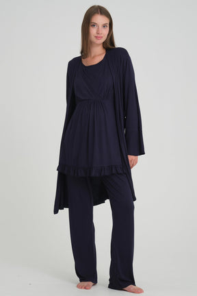 Double Breasted 3-Piece Maternity-Nursing Pajama & Flywheel Arm Robe Set Navy Blue - 532