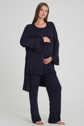 Double Breasted 3-Piece Maternity-Nursing Pajama & Flywheel Arm Robe Set Navy Blue - 532