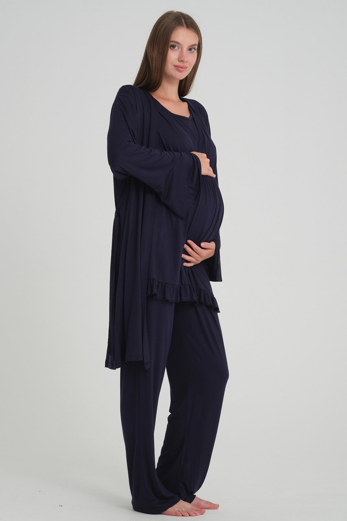 Double Breasted 3-Piece Maternity-Nursing Pajama & Flywheel Arm Robe Set Navy Blue - 532