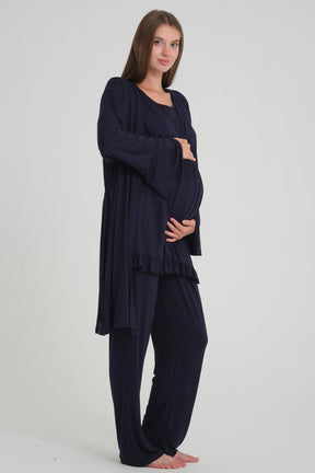 Double Breasted 3-Piece Maternity-Nursing Pajama & Flywheel Arm Robe Set Navy Blue - 532