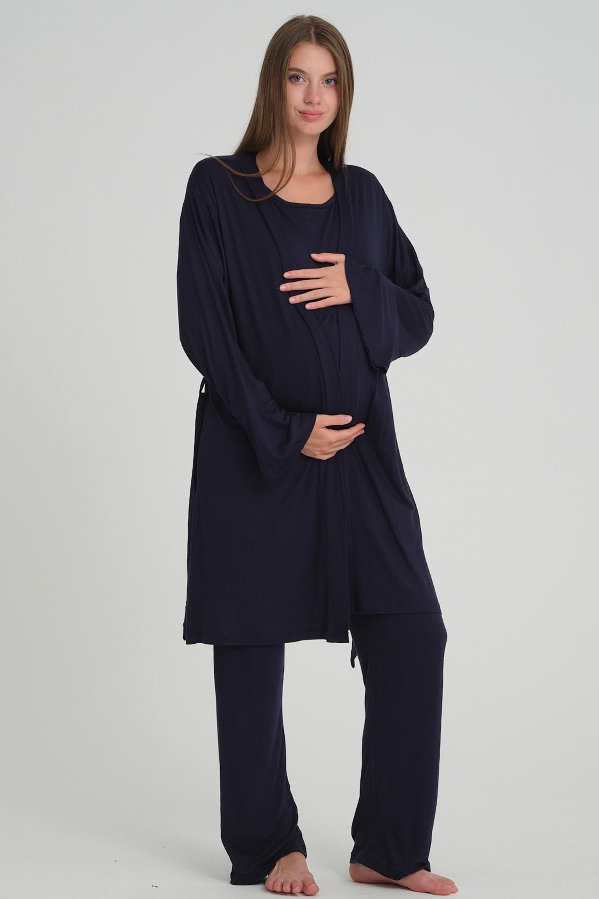 Double Breasted 3-Piece Maternity-Nursing Pajama & Flywheel Arm Robe Set Navy Blue - 532