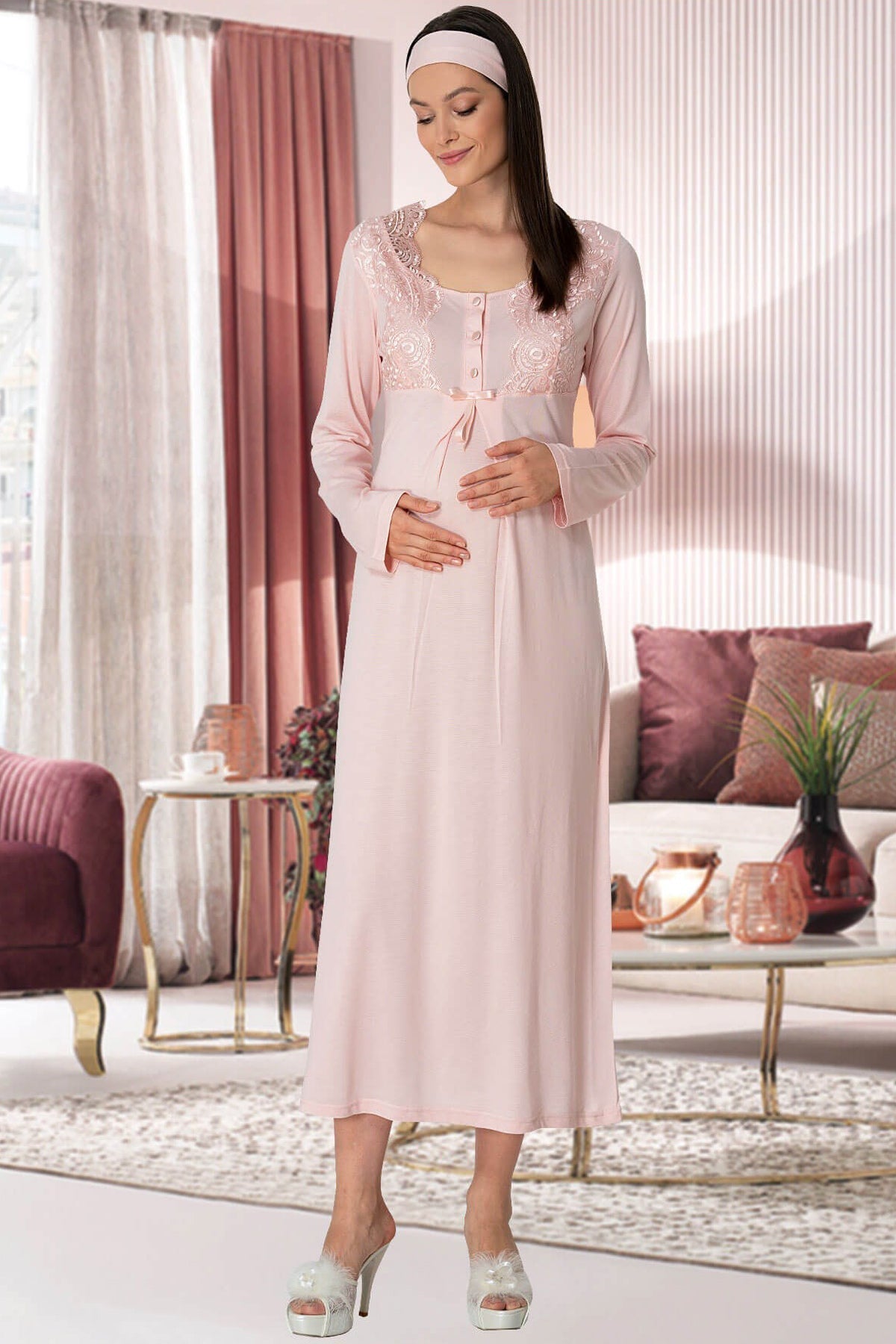 Lace Collar 4 Piece Maternity-Nursing Set Powder - 5355