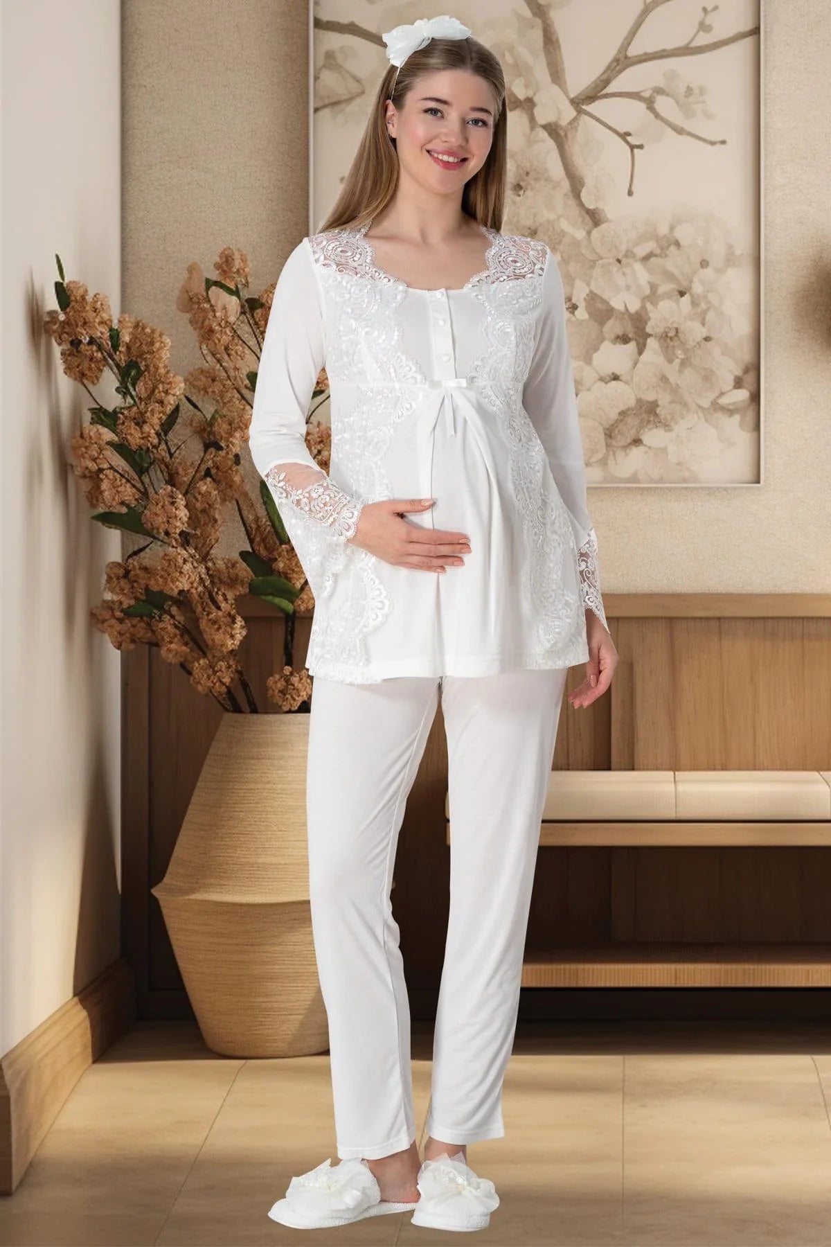 Lace Collar 3-Piece Maternity-Nursing Pajama & Robe Set Ecru - 5353