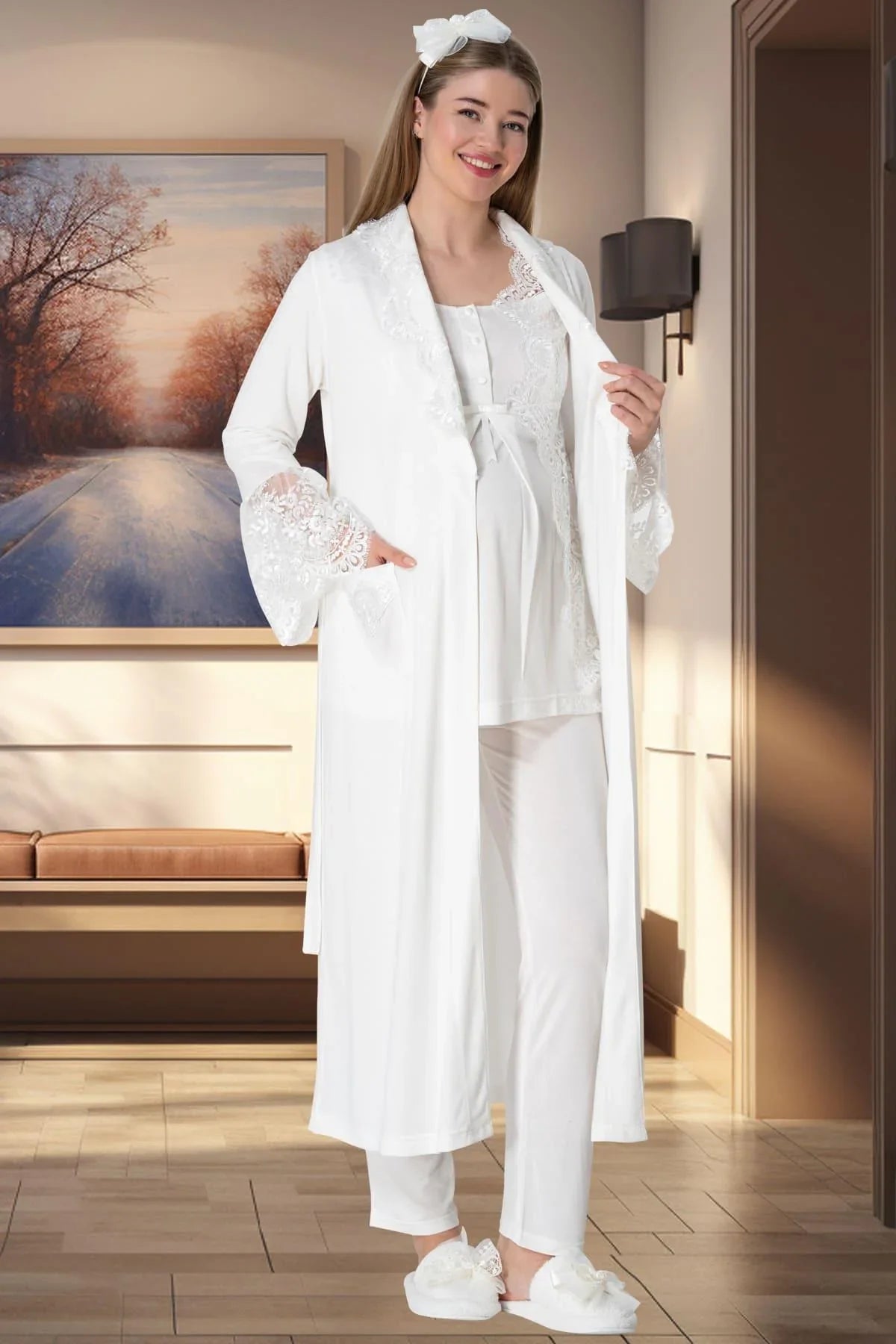 Lace Collar 3-Piece Maternity-Nursing Pajama & Robe Set Ecru - 5353
