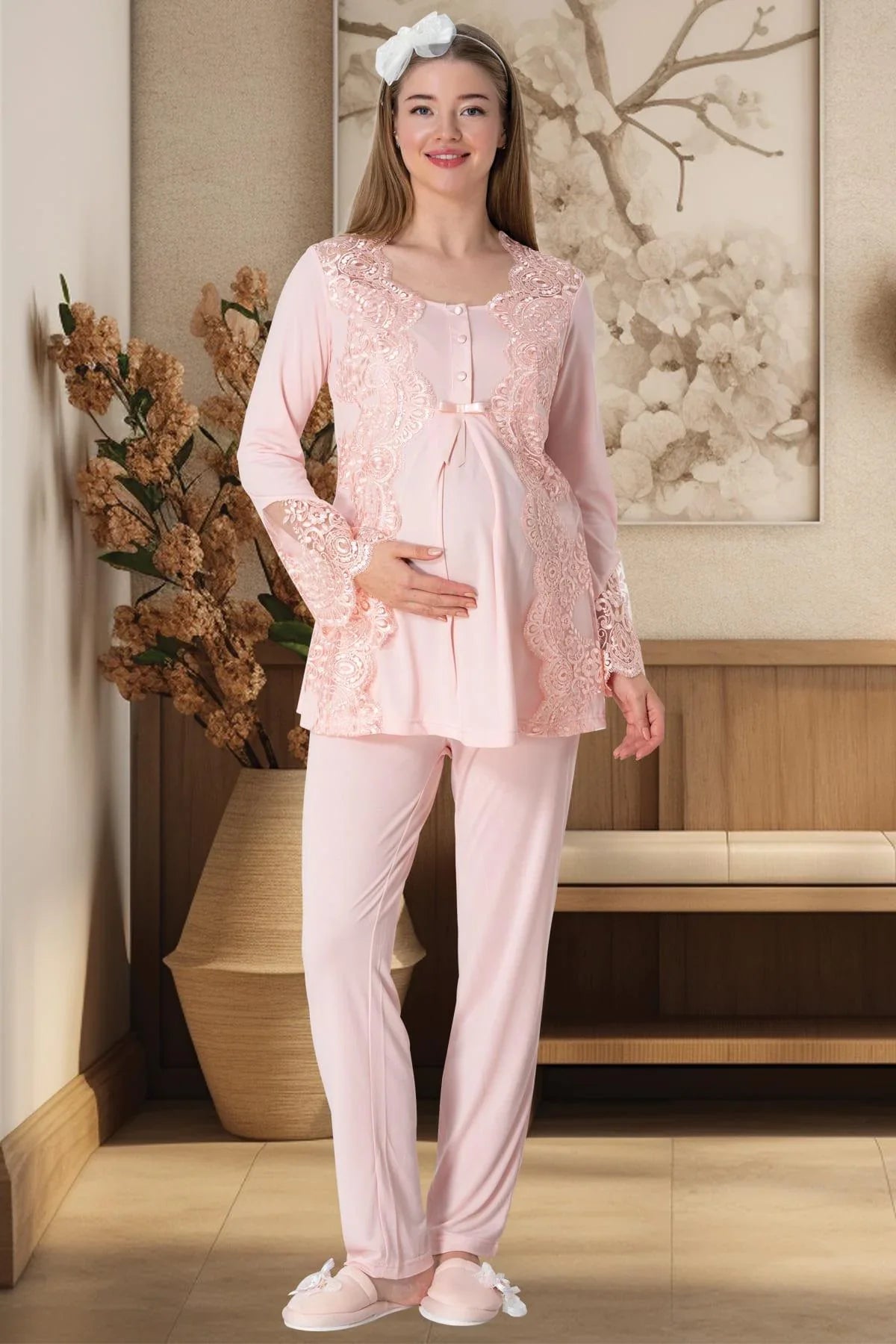 Lace Collar 3-Piece Maternity-Nursing Pajama & Robe Set Powder - 5353