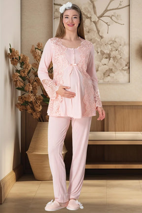 Lace Collar 3-Piece Maternity-Nursing Pajama & Robe Set Powder - 5353